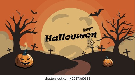 Spooky Halloween Night with Pumpkins, Full Moon, and Bats Illustration