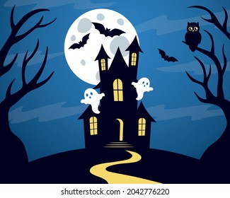 Spooky halloween night. Scary house, full moon, bats, ghosts, owl. Vector illustration. 