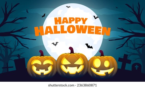 Spooky halloween night scene background. Halloween pumpkin, bat. Halloween holiday design. Vector illustration