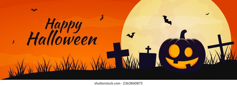 Spooky halloween night scene banner Halloween pumpkin, bat. Halloween holiday background design. Vector illustration