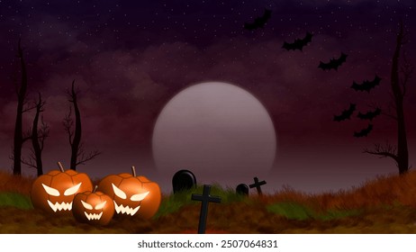 Gespenstische Halloween-Nachtszene mit Jack-o’-Laternen, Fledermäusen, Grabsteinen und Vollmond auf einem dunklen, unheimlichen Friedhof. Perfekt für Halloween-Designs, Partyeinladungen und saisonale Dekorationen.