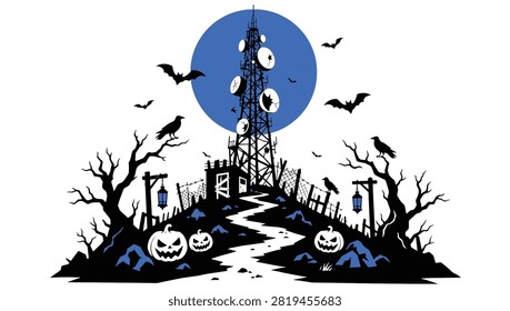 Spooky halloween night scene with a communication tower, bats, crows, and jackolanterns on a haunted hill under a blue full moon