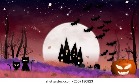 Escena espeluznante de la noche de Halloween con gatos negros, una casa embrujada, murciélagos y una linterna brillante bajo una luna llena. Perfecto para diseños y decoraciones con temática de Halloween.