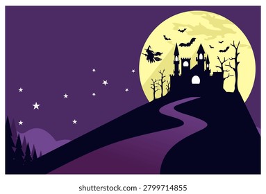 A spooky Halloween night scene featuring a silhouette of a haunted castle on a hill, a winding road, a witch flying on a broomstick, bats, a giant yellow full moon, a star-studded sky, and a dry old tree in a minimalist flat design style. Vector illustration for greeting cards, banners, posters, party invitations, and web wallpapers.