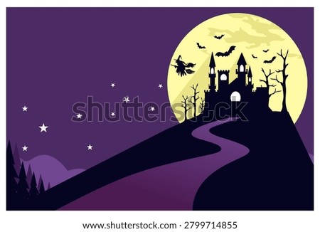A spooky Halloween night scene featuring a silhouette of a haunted castle on a hill, a winding road, a witch flying on a broomstick, bats, a giant yellow full moon, a star-studded sky, and a dry old tree in a minimalist flat design style. Vector illustration for greeting cards, banners, posters, party invitations, and web wallpapers.