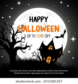 A spooky Halloween night scene with a full moon, haunted house, and a spooky tree. Perfect for Halloween sale promotions or banners.