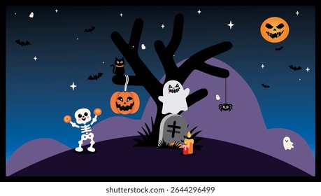 Spooky Halloween Night Scene with Ghosts, Skeleton, Pumpkin, and Haunted Tree Illustration