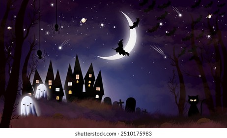 Escena espeluznante de la noche de Halloween con casas embrujadas, fantasmas, una bruja volando sobre una escoba, arañas, gatos negros y una luna creciente, perfecta para diseños, invitaciones o decoraciones con temas de Halloween.