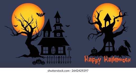 Spooky Halloween Night Scene with Haunted Castle, Scary Trees, Full Moon, Vampire, Ghosts, and Dark Forest – Horror Holiday Illustration in Silhouette Style for Autumn Backgrounds