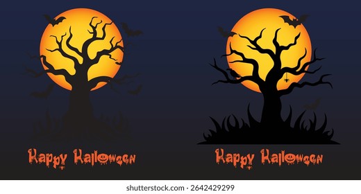 Spooky Halloween Night Scene with Haunted Castle, Scary Trees, Full Moon, Vampire, Ghosts, and Dark Forest – Horror Holiday Illustration in Silhouette Style for Autumn Backgrounds