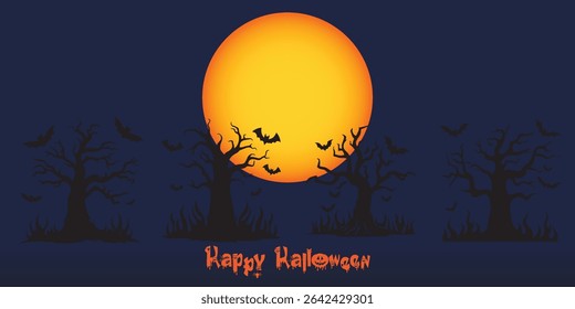 Spooky Halloween Night Scene with Haunted Castle, Scary Trees, Full Moon, Vampire, Ghosts, and Dark Forest – Horror Holiday Illustration in Silhouette Style for Autumn Backgrounds