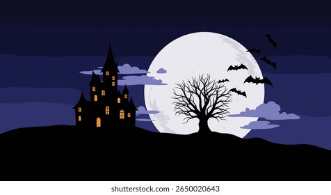 Spooky halloween night scene with a haunted mansion and flying bats under a large full moon
