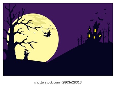 A spooky Halloween night scene vector illustration. Features a witch reading a spell book under a large dead tree, a giant glowing full moon with a flying witch on a broomstick and bats, and a haunted house silhouette on a hill. Perfect for holiday templates, party invitations, and seasonal banners with copy space.