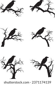 Spooky Halloween Night with Silhouette Raven Bird Sitting at Bare Tree Branches Entrance: Vector Design Set, Raven Dead Tree