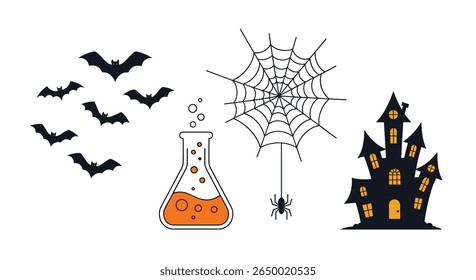 Spooky halloween night symbols featuring flying bats a haunted mansion a creepy spiderweb and a potion flask