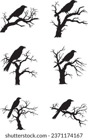 Spooky Halloween Night Vector Design Set: Silhouette Raven Bird Sitting at Bare Tree Branches Entrance, Raven Dead Tree