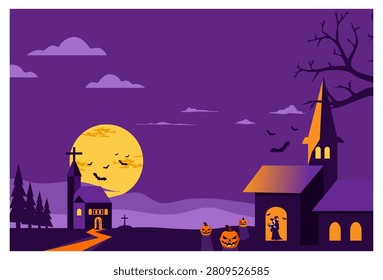 A spooky Halloween night vector illustration featuring empty space for text in the center. It depicts an eerie graveyard scene with a haunted church and a witch's silhouette visible behind the doorway. A giant yellow moon glows on the left beside a pine forest, accompanied by a scary carved pumpkin and bats flying across a deep purple sky. Perfect for greeting cards, party invitations, and seasonal banners.