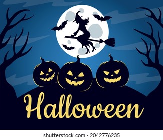 Spooky halloween night. Witch on a broom, full moon, bats, pumpkins. Vector illustration. 

