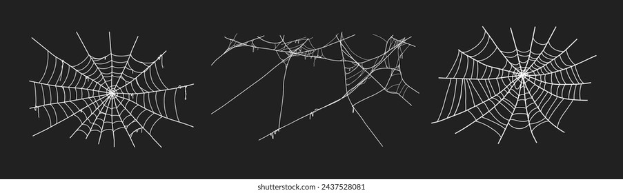 Spooky halloween old spider web with various sizes and shapes. Old cobweb set vector illustration for dark gothic decoration for holidays. Corner spider net insect thread cobweb scary frames.