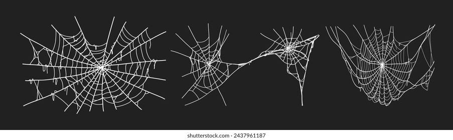 Spooky halloween old spider web with various sizes and shapes. Old cobweb set vector illustration for dark gothic decoration for holidays. Corner spider net insect thread cobweb scary frames.