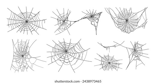 Spooky halloween old spider web with various sizes and shapes. Old cobweb set vector illustration for dark gothic decoration for holidays. Corner spider net insect thread cobweb scary frames.