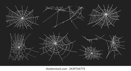 Spooky halloween old spider web with various sizes and shapes. Old cobweb set vector illustration for dark gothic decoration for holidays. Corner spider net insect thread cobweb scary frames.