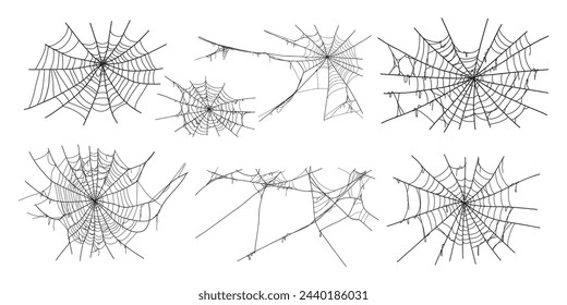 Spooky halloween old spider web with various sizes and shapes. Old cobweb set vector illustration for dark gothic decoration for holidays. Corner spider net insect thread cobweb scary frames.