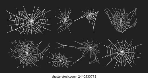 Spooky halloween old spider web with various sizes and shapes. Old cobweb set vector illustration for dark gothic decoration for holidays. Corner spider net insect thread cobweb scary frames.