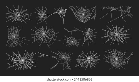 Spooky halloween old spider web with various sizes and shapes. Old cobweb set vector illustration for dark gothic decoration for holidays. Corner spider net insect thread cobweb scary frames.