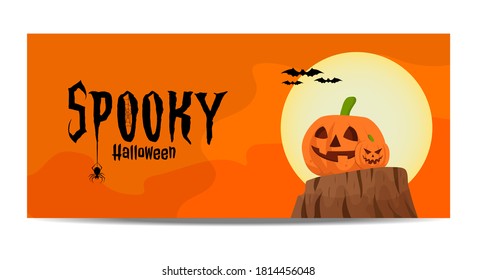 Spooky Halloween. Orange Creepy Pumpkin on the Wood. Template for Advertising brochure
