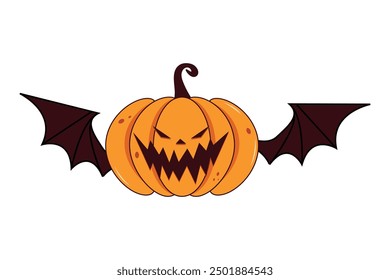 Spooky Halloween orange pumpkin with scary face and bat wing. Scary smiling pumpkin icon. Vector illustration for Happy Halloween and decoration