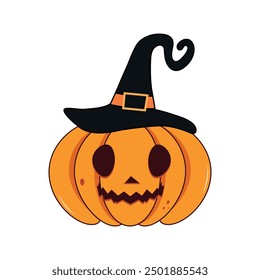 Spooky Halloween orange pumpkin with scary face and black witch hat. Cute scary smiling pumpkin icon. Vector illustration for Happy Halloween.