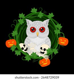 Spooky Halloween Owl with Skeletons and Pumpkins. Fantasy Halloween illustration with Owl Skeletons and Jack-o'-Lanterns. Halloween Wreath. Wicked Wreath. Spooktacular Trick or Treat Night. Owl's nest