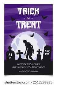 Voador de festa de Halloween assustador com túmulos, morcegos, silhuetas zumbis assustador e lua cheia. Design preto e azul. Perfeito para promoção de eventos e cartaz imprimível. Ilustração vetorial.