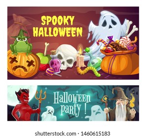 Spooky Halloween party, horrible ghosts, devil and wizard on cemetery. Vector jack-o-lantern pumpkin, skull and sack with sweets. Potion and burning candle, jelly sworn, gravestones and moonlight