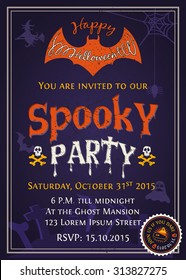 Spooky Halloween Party invitation card design with scary typography on purple tone background. Vector illustration