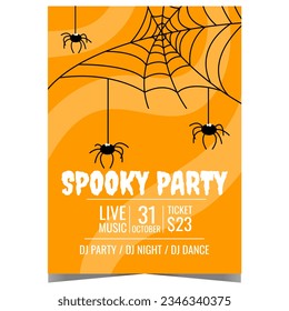 Spooky Halloween party invitation with funny spiders weaving a web on an orange background. Vector design template for Halloween party banner or poster to celebrate the All Saints' Day on October 31.