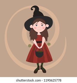 
Spooky Halloween party.  Pointed Hat. Little charmer. Pretty girl in a Witch Costume and in a Red Dress Brewing a Potion. eps10.