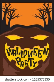 A spooky Halloween Party poster with glowing yellow eyes and a wide creepy smile formed by the text, set against a dark background with eerie leafless trees.
