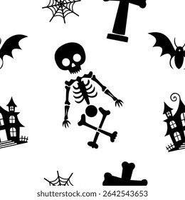 Spooky Halloween pattern with dancing skeletons, bats, gravestones and haunted houses, Flat Illustration