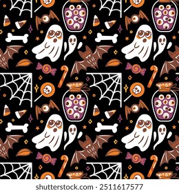 A Spooky Halloween Pattern featuring Ghosts, Bats, and a variety of Sweet Treats galore. Vintage cute illustration. Seamless pattern for wallpaper, fabric, wrapping, background.