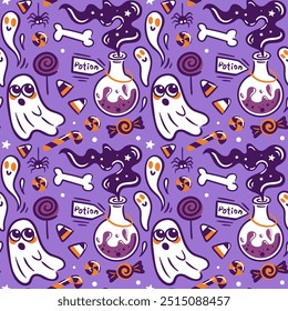 A Spooky Halloween Pattern featuring Ghosts, Bats, and a variety of Sweet Treats galore. Vintage cute illustration. Seamless pattern for wallpaper, fabric, wrapping, background.