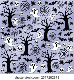 Spooky Halloween pattern with ghosts, creepy spiders and bats flying around scary trees in the night