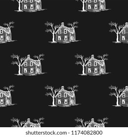 Spooky halloween pattern with haunted house hand drawn seamless pattern vector illustration for wrapping and textile print background.