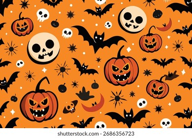 Spooky Halloween pattern with jack-o'-lanterns, bats, skulls, and spiders on an orange background