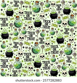 Spooky Halloween pattern with mysterious potions, scary skulls and lots of candy