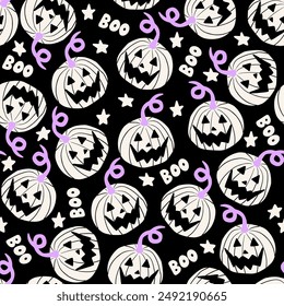 Spooky Halloween pattern with pumpkins in black, white and purple. Boo text, star shape, Jack-o-lantern seamless repeat background, wallpaper.