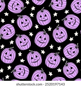 Padrão de Halloween assustador com abóboras em preto, branco e roxo. Estrelas, Jack-o-lanterna sem emenda repete o fundo, papel de parede para Halloween.