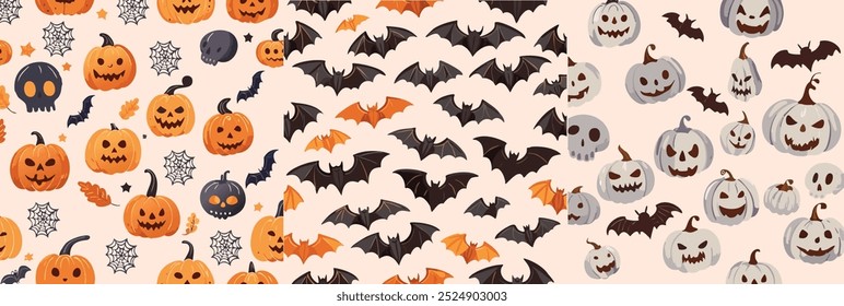 Spooky halloween pattern. Skulls, bats and scary pumpkins