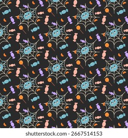 Spooky Halloween Pattern with Spider, Web and Lollipops. Seamless Background
